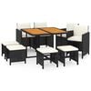 vidaXL 9 pcs conjunto de jantar p/ jardim c/ almofad&otilde;es vime PE preto