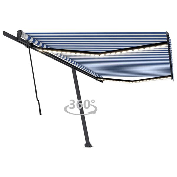 vidaXL Toldo retrátil manual com LED 500x300 cm azul e branco