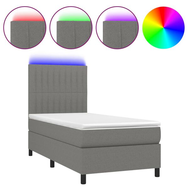 vidaXL Cama box spring c/ colch&atilde;o e LED 90x200 cm tecido cinza-escuro