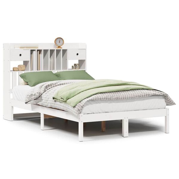 vidaXL Cama com estante sem colchão 135x190 cm pinho maciço branco