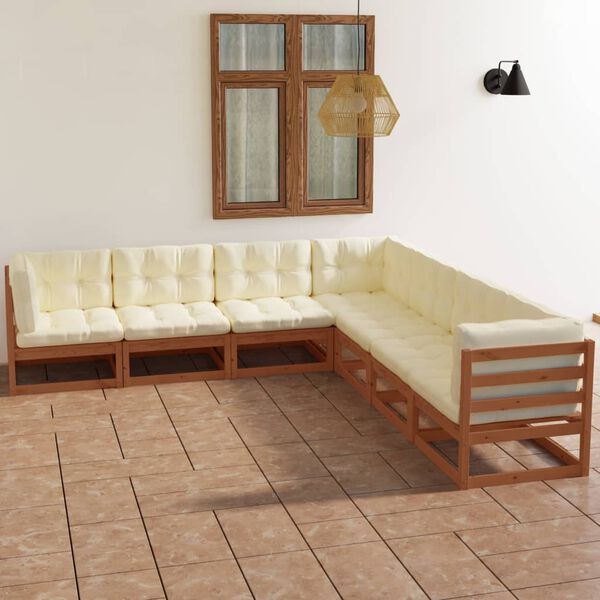 vidaXL 7 pcs conjunto lounge de jardim c/ almofad&otilde;es pinho maci&ccedil;o