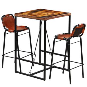vidaXL Conjunto de bar 3 pcs madeira recuperada + couro cabra genu&iacute;no