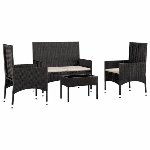 vidaXL 4 pcs conjunto lounge de jardim c/ almofad&otilde;es vime PE preto