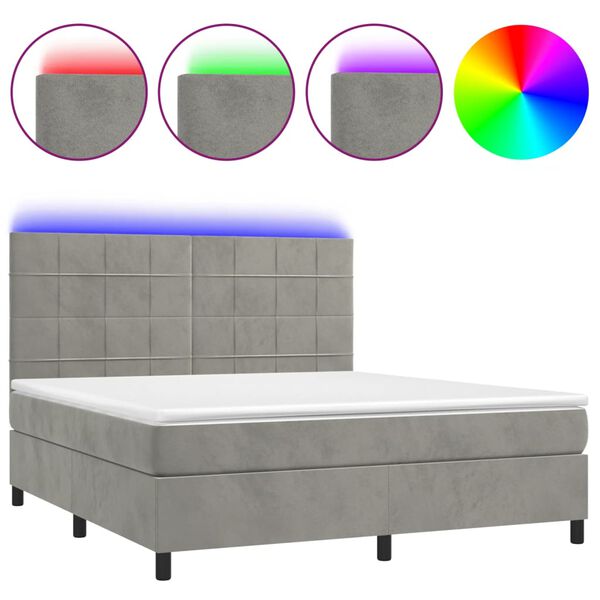 vidaXL Cama box spring c/ colch&atilde;o/LED 180x200 cm veludo cinzento-claro