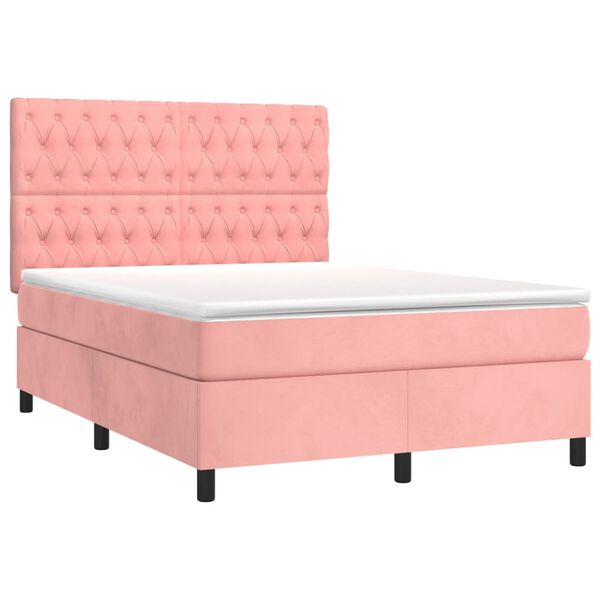 vidaXL Cama box spring c/ colch&atilde;o/LED 140x190 cm veludo rosa