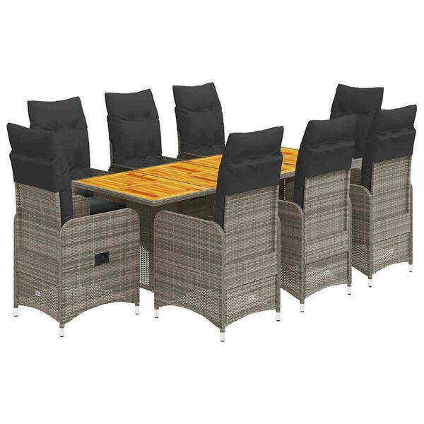 vidaXL 9 pcs conjunto bistr&ocirc; de jardim c/ almofad&otilde;es vime PE cinzento