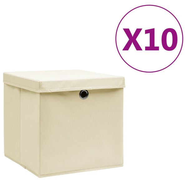 vidaXL Caixas de arrumação com tampas 10 pcs 28x28x28 cm creme