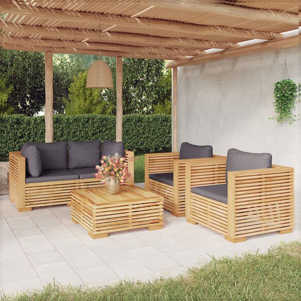vidaXL 5 pcs conjunto lounge jardim c/ almofad&otilde;es madeira teca maci&ccedil;a