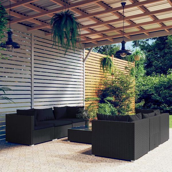 vidaXL 7 pcs conjunto lounge de jardim c/ almofad&otilde;es vime PE preto