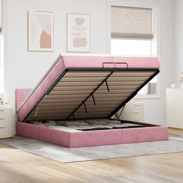 vidaXL Estrutura de cama otomana com colch&atilde;o 200x200 cm veludo rosa