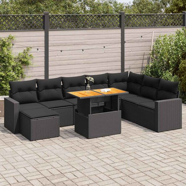 vidaXL 9 pcs conjunto de sof&aacute;s p/ jardim c/ almofad&otilde;es vime PE preto