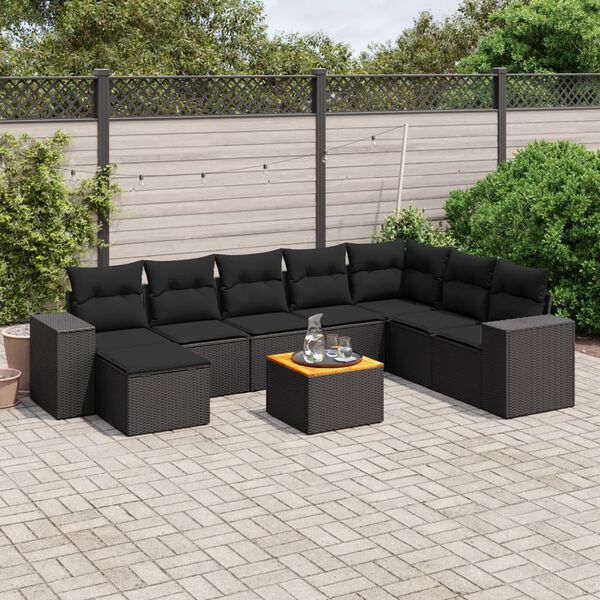 vidaXL 9 pcs conjunto de sof&aacute;s p/ jardim c/ almofad&otilde;es vime PE preto