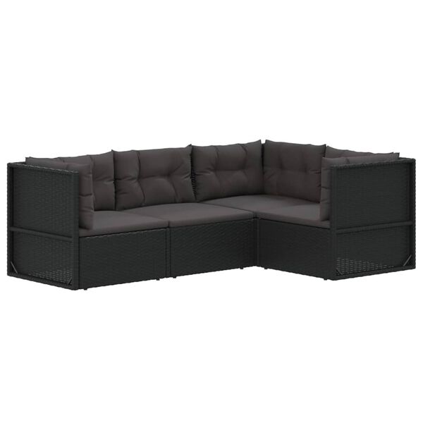 vidaXL 4 pcs conjunto lounge de jardim c/ almofad&otilde;es vime PE preto