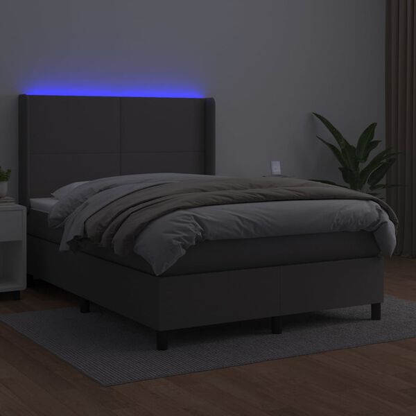 vidaXL Cama box spring c/ colch&atilde;o/LED 140x190cm couro artificial cinza