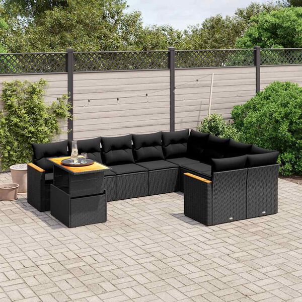 vidaXL 10 pcs conjunto sof&aacute;s de jardim c/ almofad&otilde;es vime PE preto