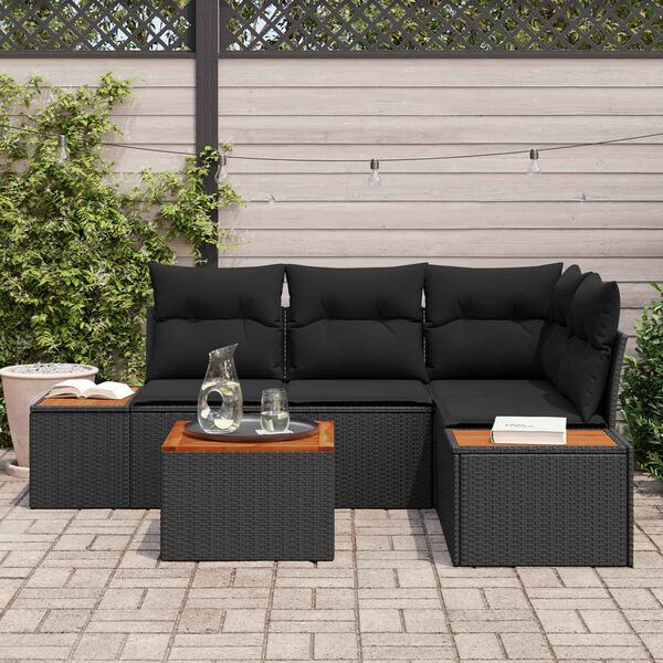 vidaXL Conjunto de Sof&aacute; de Jardim com almofada 4 pcs Preto Polirattan