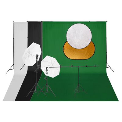 vidaXL Kit estúdio fotográfico c/ conj. de iluminação, fundo&refletor