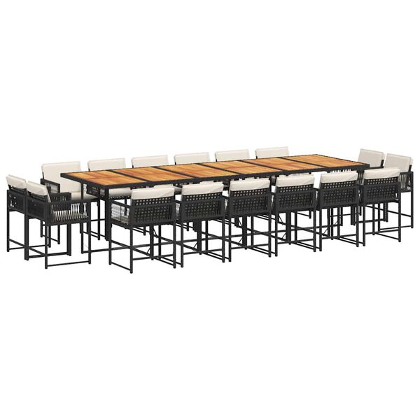 vidaXL 17 pcs conjunto de jantar p/ jardim c/ almofad&otilde;es vime PE preto
