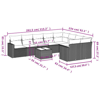 vidaXL 10 pcs conjunto de sofás p/ jardim com almofadões vime PE bege