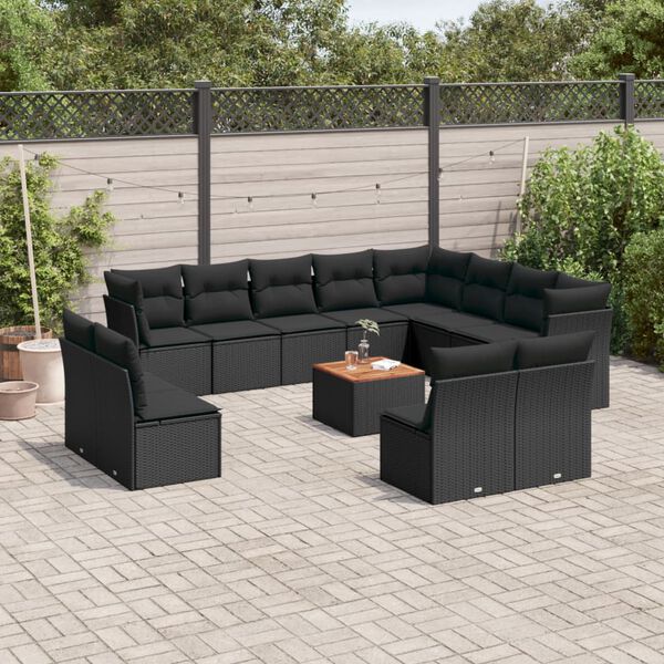 vidaXL 13 pcs conjunto de sof&aacute;s de jardim com almofad&otilde;es vime PE preto