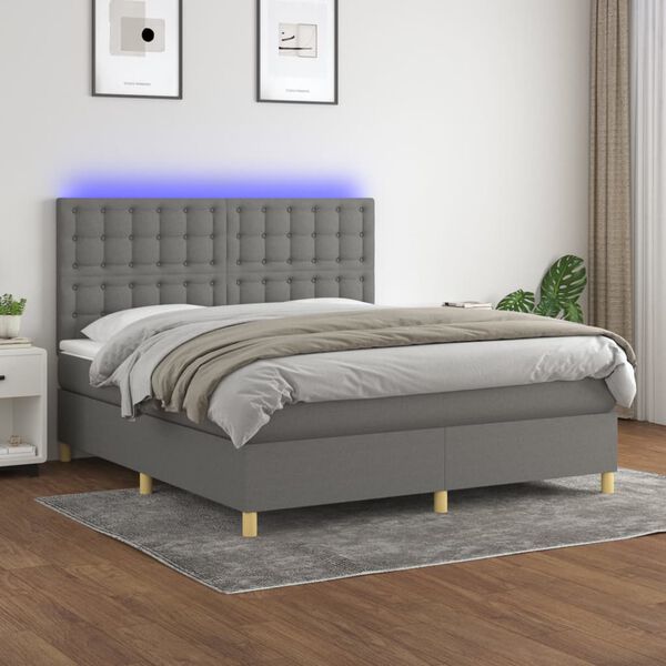 vidaXL Cama box spring c/ colch&atilde;o e LED 160x200 cm tecido cinza-escuro