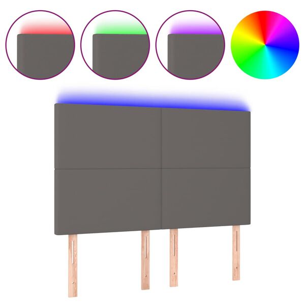 vidaXL Cabeceira cama c/ LED couro artif. 144x5x118/128 cm cinzento