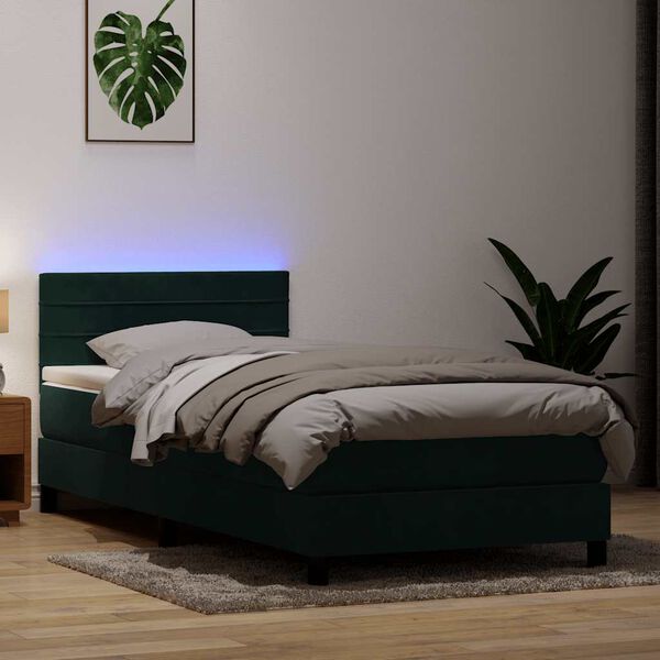 vidaXL Cama box spring c/ colch&atilde;o e LED verde-escuro 90x210 cm veludo