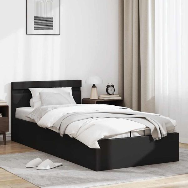 vidaXL Cama hidr&aacute;ulica c/ arruma&ccedil;&atilde;o LED 90x200cm couro artifi. preto
