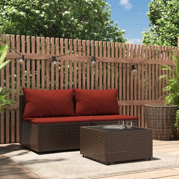 vidaXL 3 pcs conjunto lounge jardim c/ almofad&otilde;es vime PE castanho