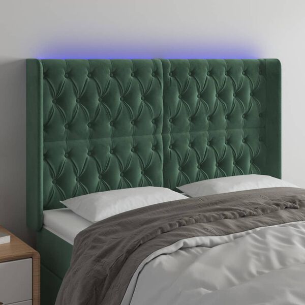 vidaXL Cabeceira de cama c/ LED veludo 147x16x118/128 cm verde-escuro