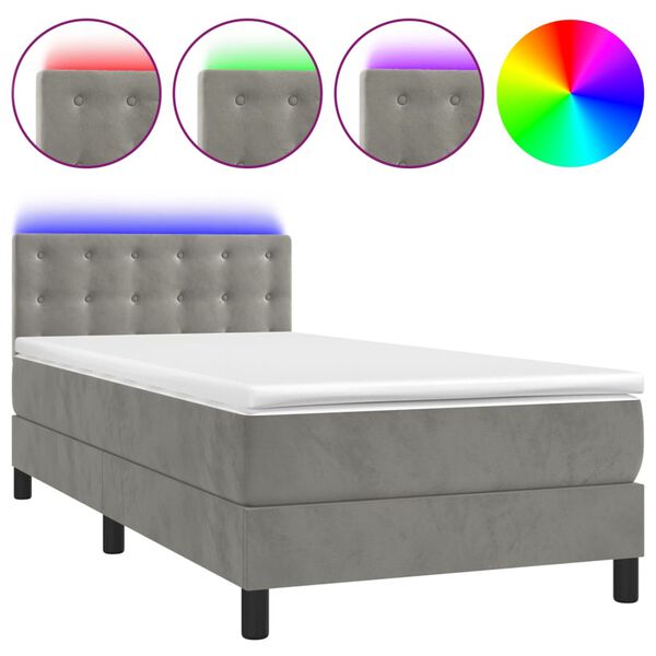 vidaXL Cama box spring c/ colch&atilde;o/LED 90x200 cm veludo cinzento-claro