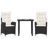 vidaXL 3 pcs conjunto de jantar p/ jardim c/ almofad&otilde;es vime PE preto
