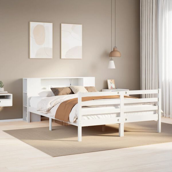vidaXL Cama com estante sem colchão 135x190 cm pinho maciço branco