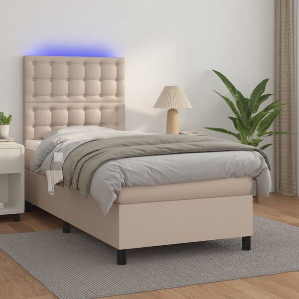 vidaXL Cama box spring c/ colch&atilde;o/LED 90x190cm couro artif. cappuccino