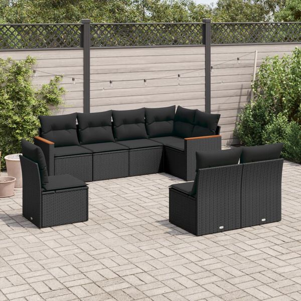 vidaXL 8 pcs conjunto sof&aacute;s de jardim com almofad&otilde;es vime PE preto