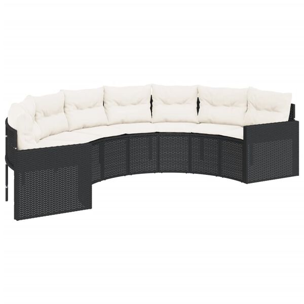 vidaXL Sof&aacute; de jardim com mesa e almofad&otilde;es semicircular vime PE preto