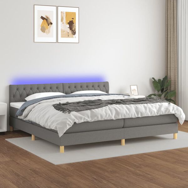 vidaXL Cama box spring c/ colch&atilde;o e LED 200x200 cm tecido cinza-escuro
