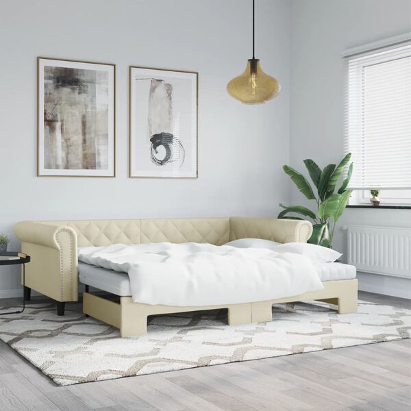 vidaXL Sof&aacute;-cama com gavet&atilde;o e colch&otilde;es 90x200 cm artificial creme