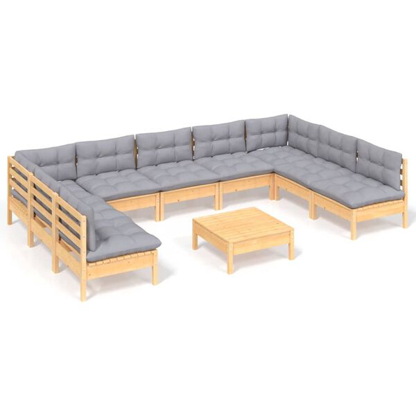 vidaXL 10pcs conjunto lounge de jardim + almofad&otilde;es cinza pinho maci&ccedil;o