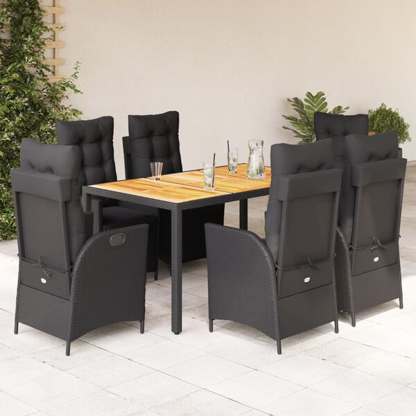 vidaXL 7 pcs conjunto de jantar p/ jardim c/ almofad&otilde;es vime PE preto