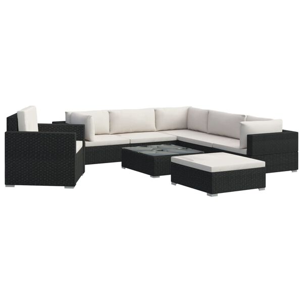 vidaXL 8 pcs conjunto lounge de jardim c/ almofadões vime PE preto