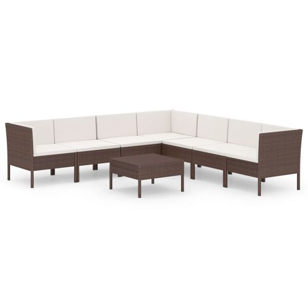 vidaXL 8 pcs conjunto lounge jardim c/ almofad&otilde;es vime PE castanho