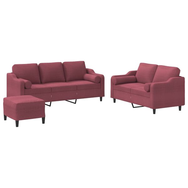 vidaXL 3 pcs conjunto de sof&aacute;s com almofadas tecido vermelho-tinto