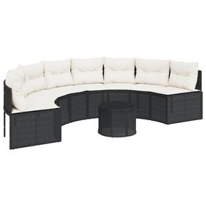 vidaXL Sof&aacute; de jardim com mesa e almofad&otilde;es semicircular vime PE preto