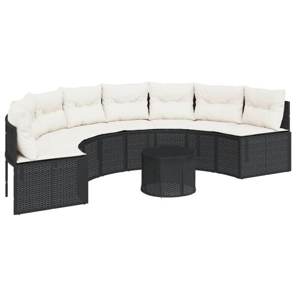 vidaXL Sof&aacute; de jardim com mesa e almofad&otilde;es semicircular vime PE preto