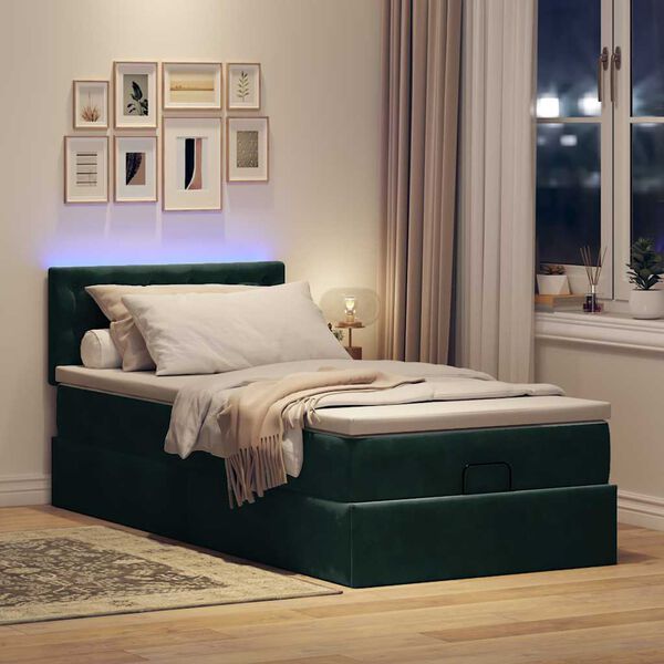 vidaXL Cama otomana com colch&atilde;o & LEDs 80x200cm veludo verde-escuro