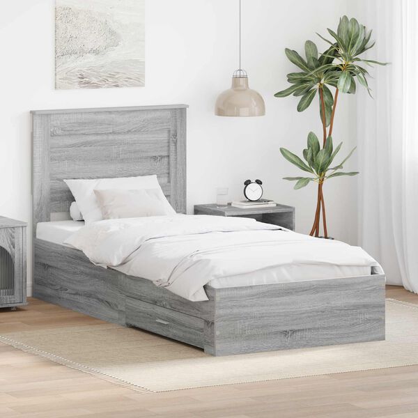 vidaXL Estrutura da Cama com gaveta Cinza Sonoma e Prata 75 x 190 cm