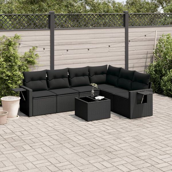 vidaXL 7 pcs conjunto de sof&aacute;s p/ jardim c/ almofad&otilde;es vime PE preto