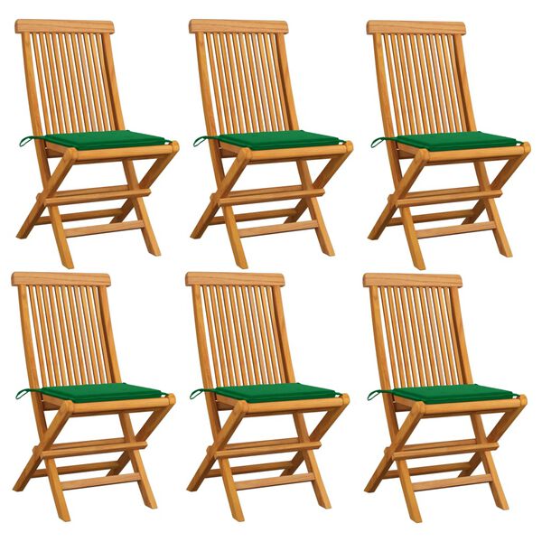 vidaXL Cadeiras de jardim c/ almofad&otilde;es verdes 6 pcs teca maci&ccedil;a