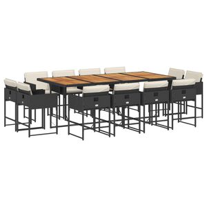vidaXL 13 pcs conjunto de jantar p/jardim com almofad&otilde;es vime PE preto